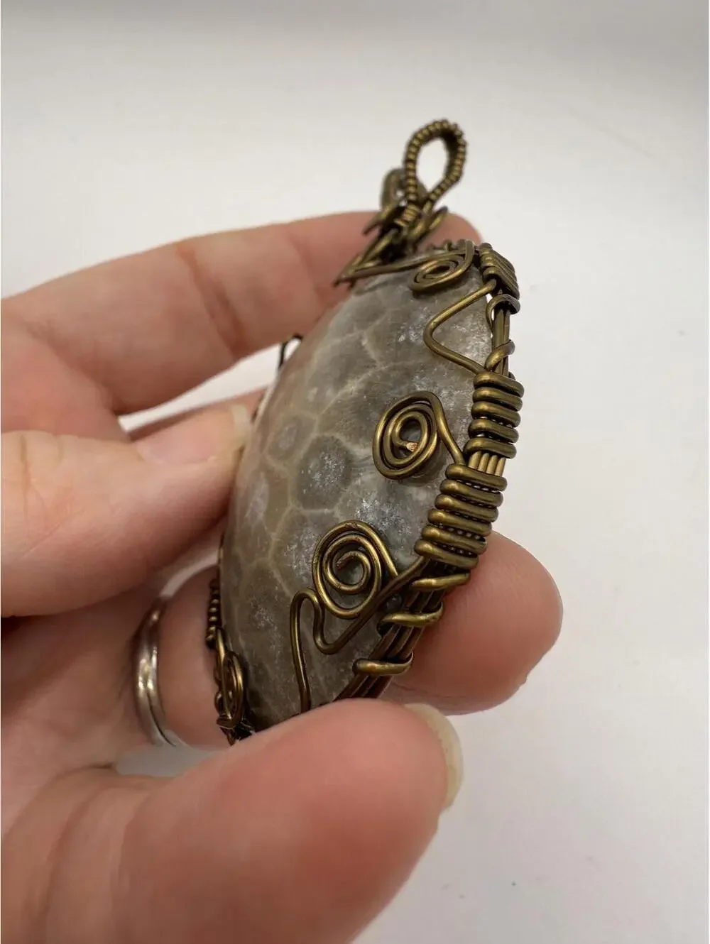 Large Handcrafted Wire Wrapped Petoskey Stone Pendant Amulet
